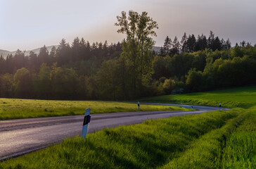 Abendsonne mit Wald, Feld und Landstra&szlig;e