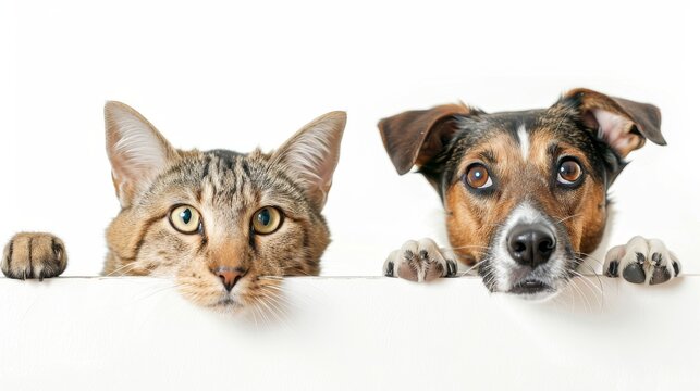 Dog and cat look into the camera over a white banner
