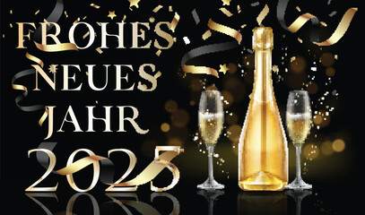 Karte oder Banner, um ein frohes neues Jahr 2025 in Gold zu wünschen, mit einer Flasche und zwei Champagnergläsern auf schwarzem Hintergrund mit Kreisen und Luftschlangen mit Bokeh-Effekt