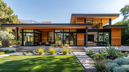 A modern craftsman home with a flat roof, clean lines, and a striking exterior color palette.