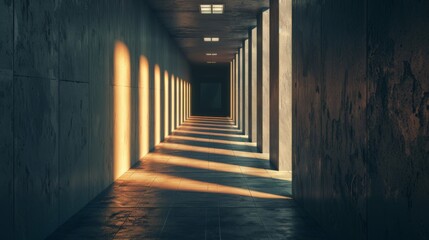 Long corridor lit by sunlight, symbolizing the journey towards healing and escape from domestic abuse.