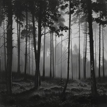 foggy forest in black and withe