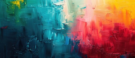 painterly texture abstract background by employing bold and bright brushstrokes, featuring a striking green, red, and blue color palette