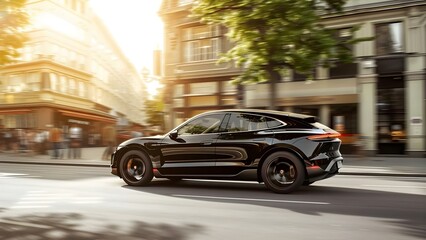 Luxury black electric SUV drives through sunny city street on a road. Concept Luxury Cars, Electric Vehicles, Modern Transportation, Urban Lifestyle, Cityscape Views