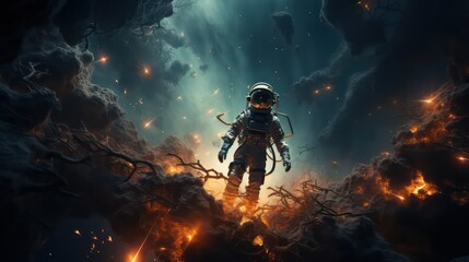 Astronaut in a dark stormy space.