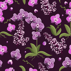 Orchid seamless pattern on a dark background , Hand drawing. Not AI. Vector illustration