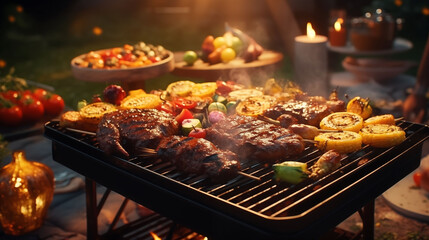 Sizzling BBQ grill laden with mouthwatering meats and colorful vegetables, creating an irresistible aroma that promises a delightful outdoor party, captured in vivid HD realism
