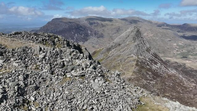 Tryfan from the Glyders - Snowdonia NP, Wales - sunny spring - cinematic drone truck right