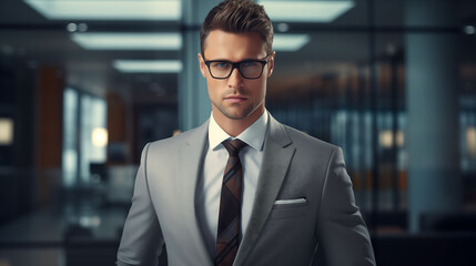 Sophisticated office professional sporting a three-piece suit and stylish glasses, exuding confidence and professionalism, captured in stunning HD clarity