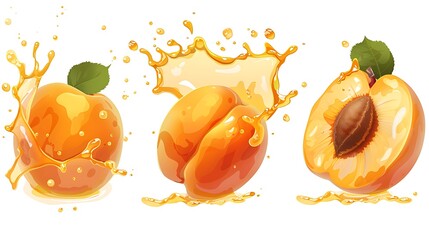 A set of apricot fruit and a splash of liquid isolated on a white background