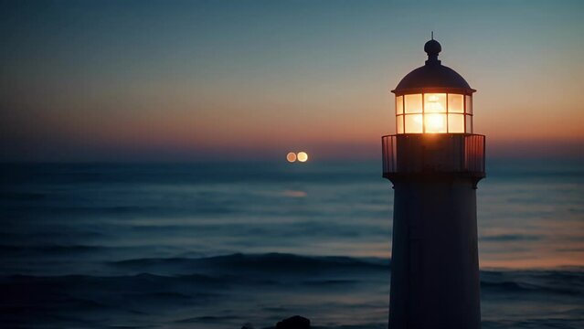 As the last rays of sunlight fade the lighthouse stands tall against the night sky providing a comforting presence to those seeking a peaceful getaway. .