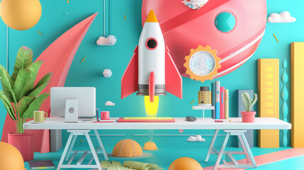 Vibrant Startup Office Concept With Rocket Launch, Modern Workspace Decor