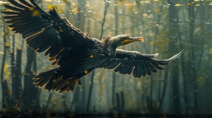 A bald eagle soars through the air, its wings outstretched and its feathers glistening in the sunlight