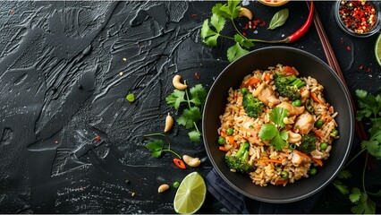 spicy fried rice with chicken. Prepared and served in a wok. top down view, flat lay