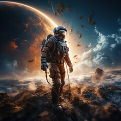 Astronaut in spacesuit against the background of the planet