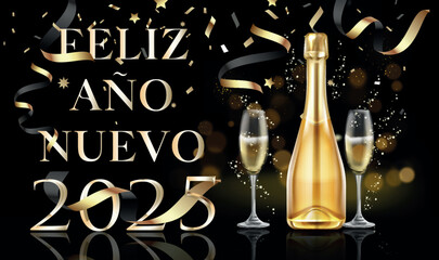 tarjeta o pancarta para desear un feliz año nuevo 2025 en oro con una botella y dos copas de champán sobre un fondo negro con círculos de efecto bokeh y serpentinas