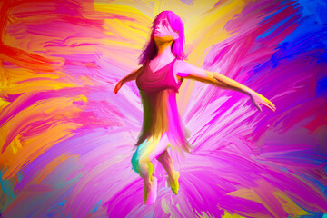 Beautiful Painting Of Woman Fly Like Bird. The Picture Show Free Woman Jumping. Digital painting.