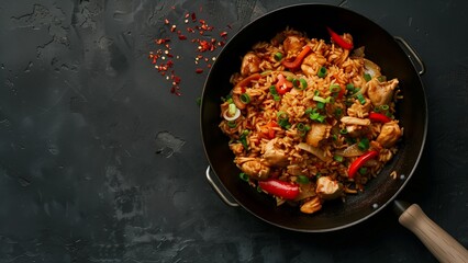 spicy fried rice with chicken. Prepared and served in a wok. top down view, flat lay