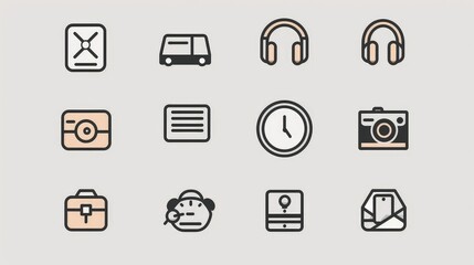 A set of minimalist icons representing common actions and objects, designed with clean lines and a modern aesthetic. 8k
