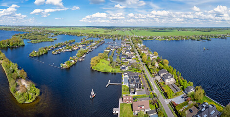 Aerial panorama from the village Vinkeveen at the Vinkeveense Plassen in the Netherlands