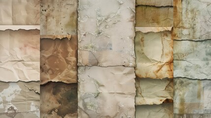 An assortment of paper textures, including aged, crumpled, and watercolor paper, enhancing digital artwork with tactile effects. 8k
