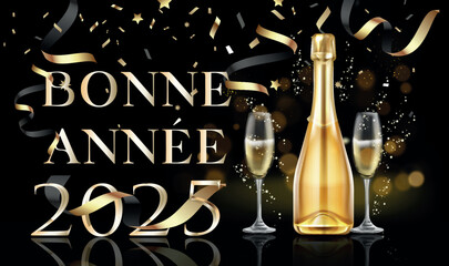 carte ou bandeau pour souhaiter une bonne année 2025 en or avec une bouteille et deux flûtes à champagne sur un fond noir avec des ronds en effet bokeh et des serpentins