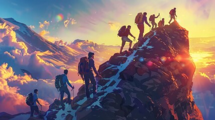 Adventurous Group Hiking at Sunrise on Mountain Peak