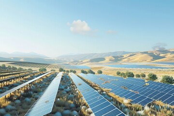 An expansive solar farm set in a diverse landscape, where rows of photovoltaic panels capture the sun's rays.