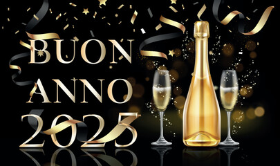 biglietto o banner per augurare un felice anno nuovo 2025 in oro con una bottiglia e due flute di champagne su sfondo nero con cerchi e stelle filanti effetto bokeh