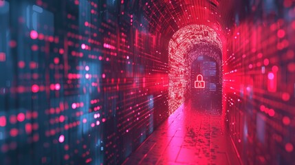 Data tunnel ensuring information privacy and safety over the internet illustrated. Cybersecurity expert
