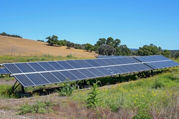 An expansive solar farm set in a diverse landscape, where rows of photovoltaic panels capture the sun's rays. 
