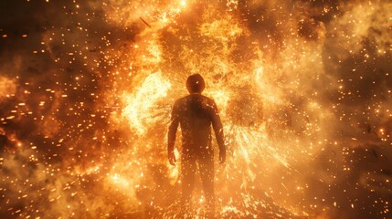 Obraz premium A man standing in the middle of a huge fire. The fire is all around him, but he is not burning. He is wearing a protective suit.