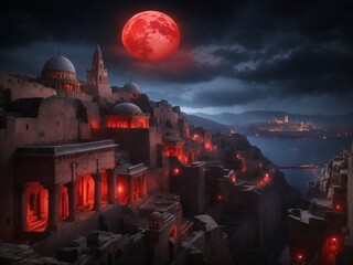 "Legends of the Red Moon: Mystical Ancient Cityscape Illuminated by Crimson Lunar Light"