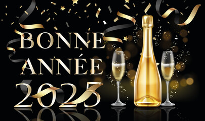 carte ou bandeau pour souhaiter une bonne année 2025 en or avec une bouteille et deux flûtes à champagne sur un fond noir avec des ronds en effet bokeh et des serpentins