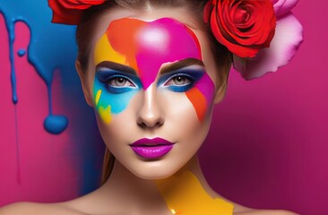 Obraz premium Beautiful young woman with multi-colored paints on her face. Woman with many flowers and bright color make-up.