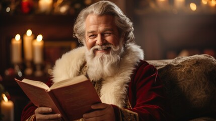 Joyful Bearded Senior Man Dressed as Santa Claus Reading a Book by Fireplace