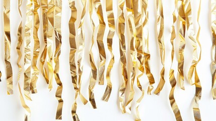 Decorative gold party streamers hanging over white background 8k