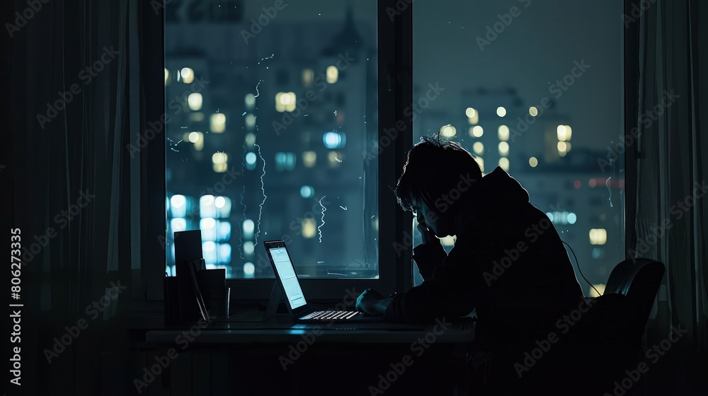 Wall mural Window silhouette of a creepy computer hacker hunched over a laptop late at night 8k