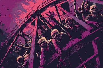 Horror themed t-shirt design of Many zombies are on the amusement park.