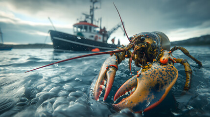 Cinematic view of a lobster with a fishing boat in the background