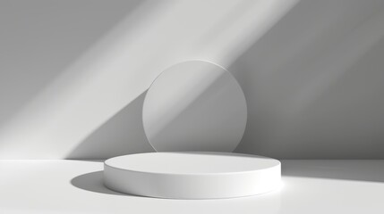 Minimalist White Display Stand with Circular Backdrop and Dramatic Lighting