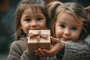 Children with present for father. Girl congratulates her father. Daughter with present for father. Child with present for father. Father and daughter portrait. Happy father's day