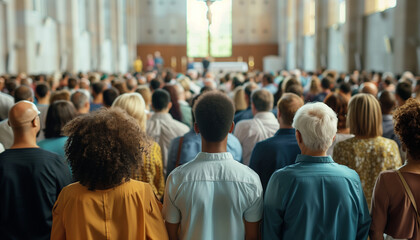 showing a diverse group of people gathered in a large church, listening attentively to a speaker at a religious conference, church, conference, with copy space