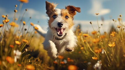Jack Russell Terrier running in the field of flowers. Shallow depth of field.