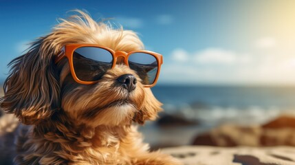 Portrait of a cute dog in orange sunglasses on the beach.