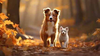 two dogs of australian shepherd in the autumn park on a sunny day