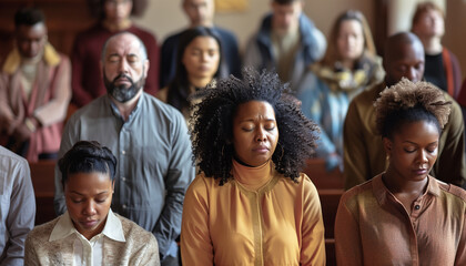 Fototapeta premium showing a group of people from different cultural backgrounds, united in prayer in a church setting, highlighting diversity and inclusivity, church, conference, with copy space