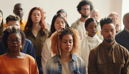 showing a group of people from different cultural backgrounds, united in prayer in a church setting, highlighting diversity and inclusivity, church, conference, with copy space
