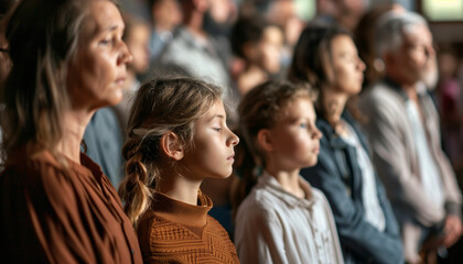 showing a moment of silence in the church with people of all ages standing solemnly, reflecting the respectful atmosphere during a significant prayer, church, conference, with copy
