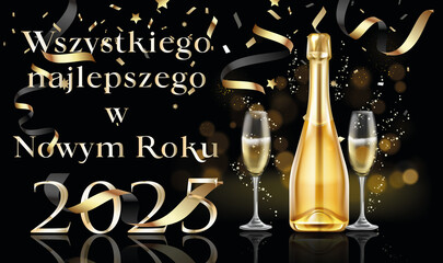 karta lub baner z życzeniami szczęśliwego nowego roku 2025 w złocie z butelką i dwoma kieliszkami szampana na czarnym tle z kółkami i serpentynami z efektem bokeh